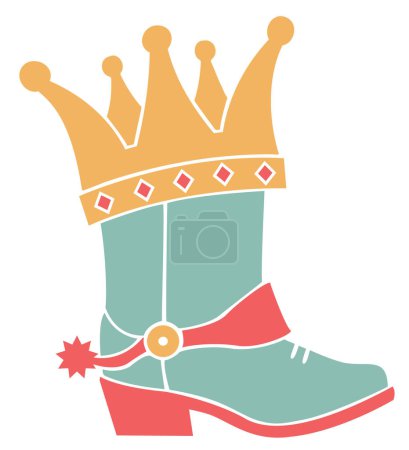 Téléchargez les illustrations : Cowboy boot with gold crown. Cowgirl boot with princess crown vector colors printable illustration isolated on white background for design. - en licence libre de droit