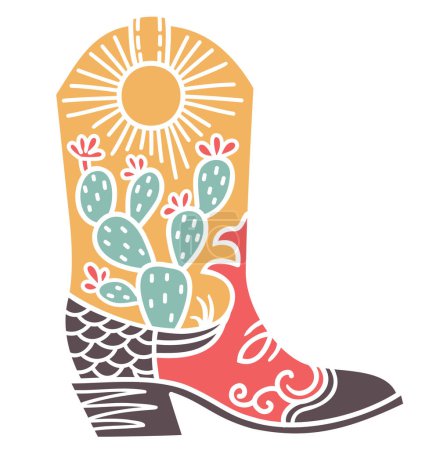 Ilustración de Cowboy boot green cactuses decoration. Vector color illustration of Cowboy boot with cactuses and yellow sun printable decor. Cowgirl western boots isolated on white for cowboy party. - Imagen libre de derechos