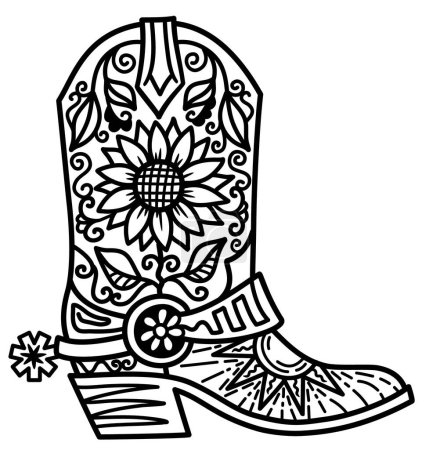 Ilustración de Cowboy boot sunfloral decoration. Vector hand drawn illustration of Cowboy boot with sunflowers decor printable black outline style design. Cowgirl boots. - Imagen libre de derechos