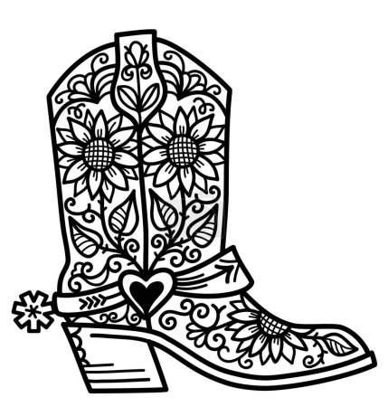 Ilustración de Cowboy boot floral decoration. Vector hand drawn illustration of Cowboy boot with sunflowers decor printable outline style design. Cowgirl boots. - Imagen libre de derechos