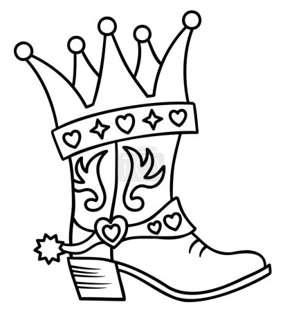 Illustration for Cowboy boot with King crown. Cowgirl crown boot vector pprintable illustration isolated on white background for design. Cowboy birthday party. - Royalty Free Image