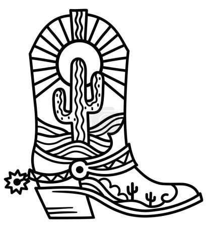 Ilustración de Cowboy boot cactus decoration. Vector hand drawn illustration of Cowboy boot with cactus and sun decor printable black outline style design. Cowgirl wild west boots for print or coloring book - Imagen libre de derechos