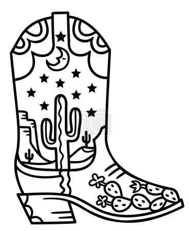 Ilustración de Cowboy boot cactus and stars decoration. Vector hand drawn illustration of Cowboy boot with cactus and night moon decor printable black outline style design. - Imagen libre de derechos