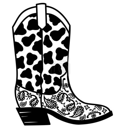 Ilustración de Cowboy boot with cow decoration vector illustration. Vector American cowboy boot with bandanna decor black white graphic design isolated on white for print. - Imagen libre de derechos