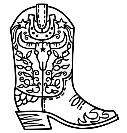 Ilustración de Cowboy boot with Wild West decoration vector illustration. Vector American cowboy boot with bull skull and horseshoe decor black white graphic design isolated on white for coloring book or print. - Imagen libre de derechos