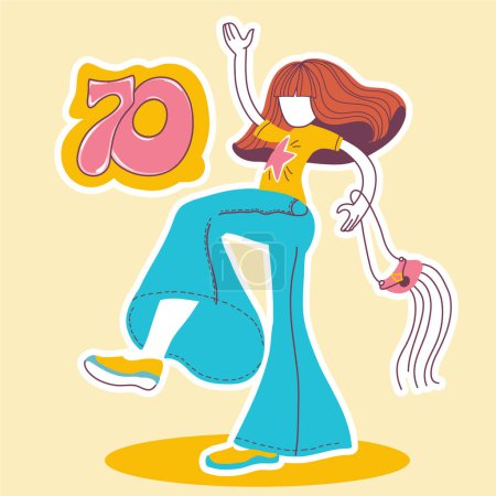 Téléchargez les illustrations : Disco girl 70s vector colors illustration. Young girl in retro fashion style blue denim clothes dancing disco in flat graphic illustration on yellow background for design. - en licence libre de droit