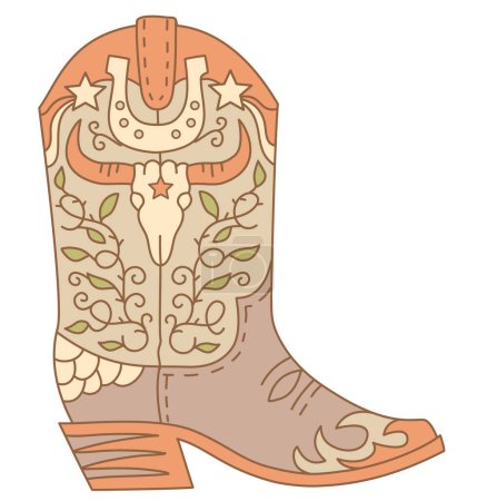 Ilustración de Cowboy boot with Wild West decoration vector color illustration. Vector American cowboy boot with bull skull and horseshoe decor design isolated on white for print or design. - Imagen libre de derechos