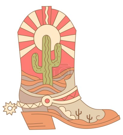 Ilustración de Cowboy boot with green cactus and sun decoration. Vector illustration of Cowboy boot with cactus and sun light decor isolated on white - Imagen libre de derechos