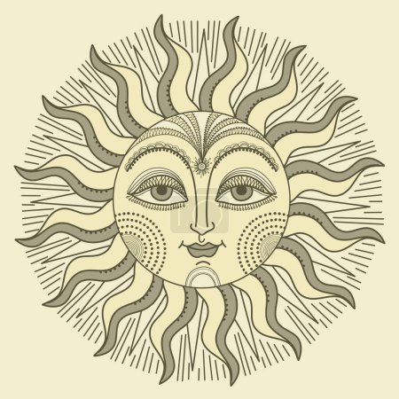 Illustration for Antique sun with face. Vector color sun hand drawn vintage illustration with design elements for print. - Royalty Free Image