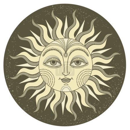 Ilustración de Antique sun symbol with face. Vector vintage sun hand drawn illustration with design elements for print or design isolated on white. - Imagen libre de derechos