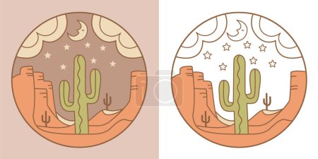 Ilustración de Desierto vectorial emblemas de Arizona con cactus e ilustración de estrellas lunares. Noche vectorial Paisaje americano cactus minimalismo estilo. - Imagen libre de derechos
