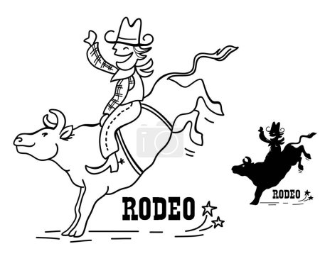 Ilustración de Ilustración vectorial de dibujos animados Bull rider aislado en blanco. Vector divertido vaquero montando una silueta de toro con texto de rodeo. - Imagen libre de derechos