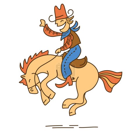 Ilustración de Jinete de caballos vector de dibujos animados ilustración de color aislado en blanco. Vector divertido vaquero montar caballo salvaje. - Imagen libre de derechos