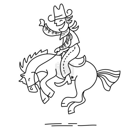 Téléchargez les illustrations : Illustration vectorielle de dessin animé cavalier isolé sur blanc. Vecteur drôle cow-boy équitation cheval sauvage. - en licence libre de droit