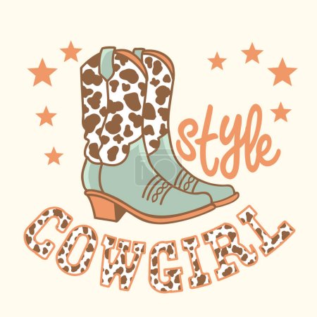 Illustration vectorielle de style bottes Cowgirl. Bottes de cow-boy imprimables vectorielles avec motif de vache et décoration étoilée pour le design. Cowboy texte fond