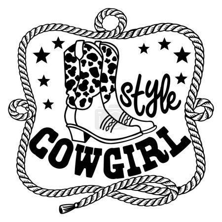 Illustration for Cowgirl boots vector illustration isolated on white. Vector Cowgirl style cowboy boots with cow decoration and rope lasso frame for design - Royalty Free Image