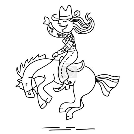 Téléchargez les illustrations : Illustration vectorielle de dessin animé cavalier Cowgirl isolé sur blanc. Vecteur drôle cow-girl équitation cheval sauvage. - en licence libre de droit