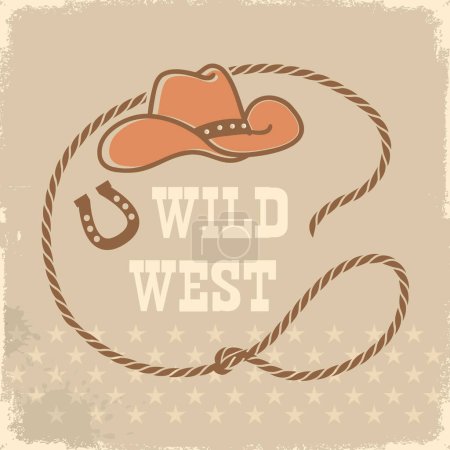 Illustration for Rope frame with cowboy hat and lasso on vintage rodeo background. Vector wild west illustration on old paper texture. - Royalty Free Image