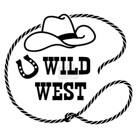 Cadre en corde avec chapeau de cow-boy et lasso. Illustration vectorielle ouest sauvage isolée sur la conception de l'ennemi blanc.
