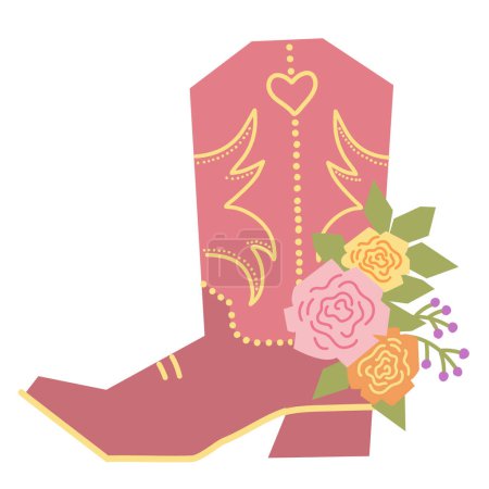 Illustration for Cowboy boot with flowers decoration. Vector cowboy boot and roses flowers. Country decoration isolated on white for design. Cowgirl style illustration - Royalty Free Image