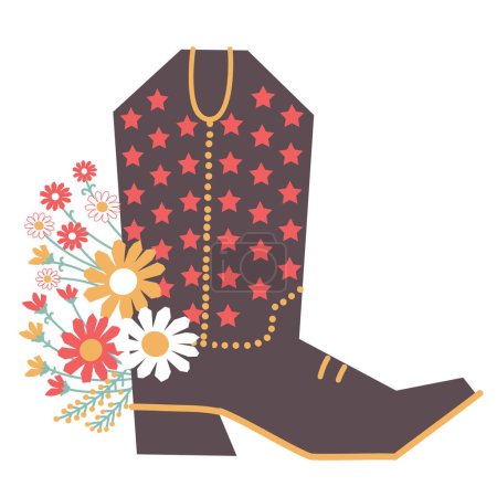 Illustration for Cowboy boot floral decoration. Vector cowboy boot and fresh field flowers isolated on white background. Country decor for design - Royalty Free Image