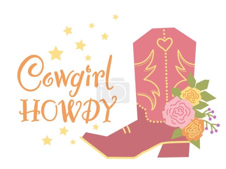 Illustration for Cowboy boot with flowers card decoration. Vector cowgirl boot and roses boquete. Country decoration isolated on white for design. Cowgirl style card with howdy text. - Royalty Free Image