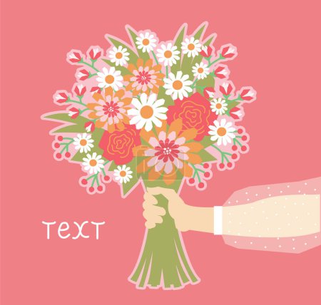 Téléchargez les illustrations : Fleurs vectorielles à la main. Main de femme avec fond de carte de bouquet de fleurs pour le texte ou le design. - en licence libre de droit