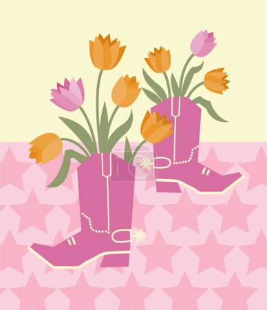 Illustration for Cowboy boots with flowers decoration. Vector cowboy boots with beautiful yellow pink tulips on stars card backgrolund. Country decoration for design. - Royalty Free Image