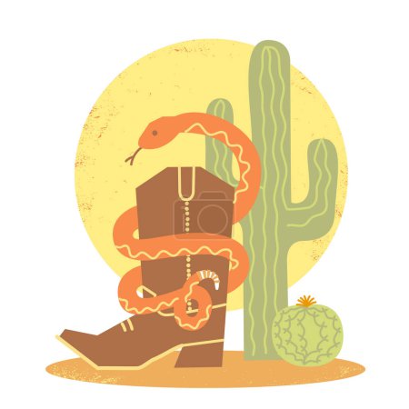 Téléchargez les illustrations : Des cactus de bottes de serpent et de cow-boy sur fond de désert américain. Dessin animé vectoriel sauvage ouest illustration avec des cactus verts et jaune soleil - en licence libre de droit