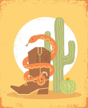 Illustration for Cowboy boot and snake on old paper cactuses American desert background. Vector cartoon wild west poster illustration with green cactuses and sun - Royalty Free Image