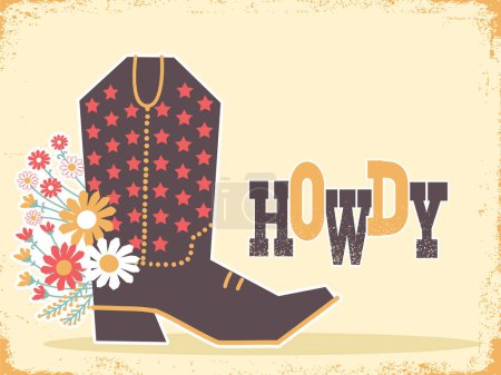 Illustration for Vintage cowboy background with cowboy boot and howdy text. Vector Howdy text illustration with cowboy boot on old paper texture for design - Royalty Free Image