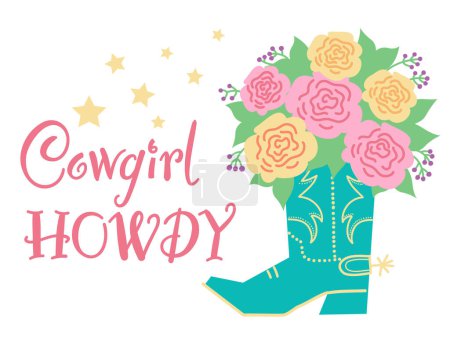 Illustration for Cowboy boot with flowers card decoration. Vector cowgirl boot and roses boquete. Country decoration isolated on white for design. Cowgirl style card with howdy text. - Royalty Free Image