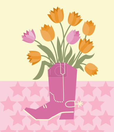 Illustration for Cowboy boot with flowers decoration. Vector cowboy boot and beautiful yellow pink tulips flowers on stars backgrolund. Country decoration for design. - Royalty Free Image