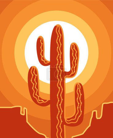 Ilustración de Cartel del desierto americano. Ilustración vectorial del paisaje desértico con cactus y sol amarillo. Arizona desierto montaña diseño - Imagen libre de derechos