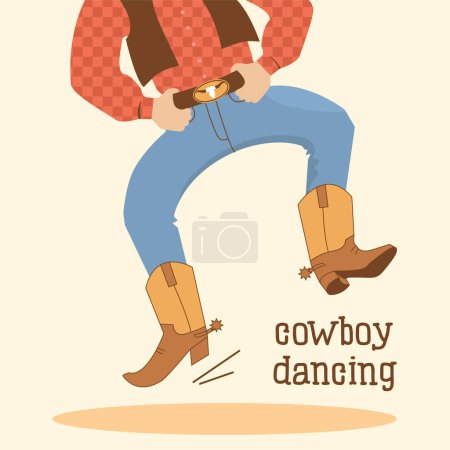 Téléchargez les photos : Illustration vectorielle de cow-boy dansant. Country American danse en bottes western cow-boy avec texte. Homme occidental dansant - en image libre de droit