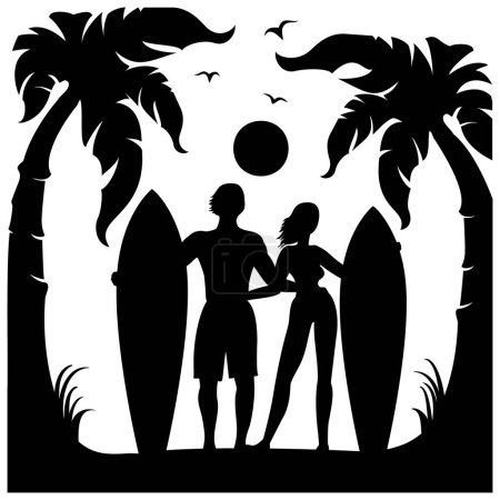 Illustration for Vector surfers black silhouette illustration. Summer beach island with surfers man and woman with surfboards isolated on white background. Love surfing - Royalty Free Image