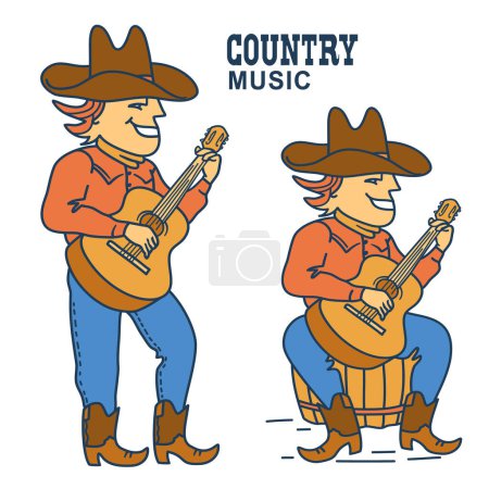 Téléchargez les photos : Homme en bottes de cow-boy américain et chapeau jouant de la guitare. Vecteur musique country dessiné à la main style couleurs illustration conception isolé sur blanc. - en image libre de droit