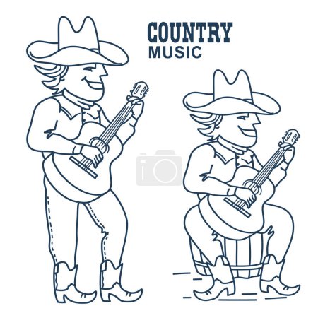 Téléchargez les photos : Homme en bottes de cow-boy américain et chapeau jouant de la guitare. Vecteur musique country dessiné à la main style couleurs illustration conception isolé sur blanc. - en image libre de droit