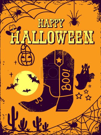 Téléchargez les photos : Halloween de cow-boy. Joyeux Halloween bottes de cow-boy fond de carte vectorielle avec du texte. - en image libre de droit