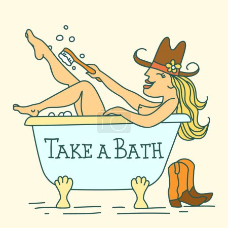 Téléchargez les photos : Cowgirl prenant bain vecteur illustration de couleur isolée sur blanc. Jeune femme en chapeau de cow-boy assis dans la baignoire. Mode de vie vectoriel pays. - en image libre de droit