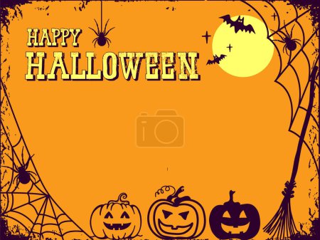 Ilustración de Feliz fondo de cartel de Halloween para texto o diseño con web y arañas y brujas. - Imagen libre de derechos