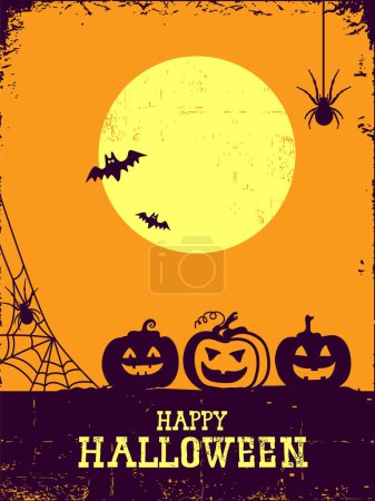 Ilustración de Feliz fondo de cartel de Halloween para texto o diseño con web y arañas y brujas. - Imagen libre de derechos