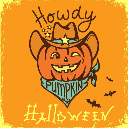 Téléchargez les photos : Halloween Pumpkin cow-boy avec chapeau occidental et bandanna. Illustration vectorielle de cartes imprimables avec texte Halloween cow-boy. - en image libre de droit