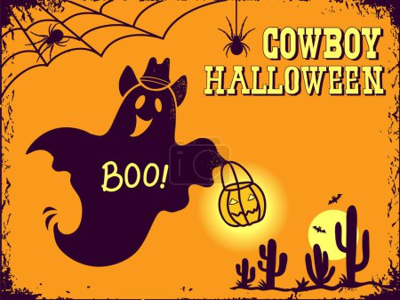 Téléchargez les photos : Halloween de cow-boy. Joyeux fantôme Halloween avec chapeau de cow-boy tenir citrouille fond de carte vectorielle avec du texte. - en image libre de droit