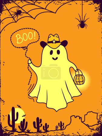 Téléchargez les photos : Halloween grost cowboy illustration de fond. Vecteur dessiné à la main halloween fantôme mignon en chapeau de cow-boy et bandanna et Boo texte de vacances pour carte. - en image libre de droit