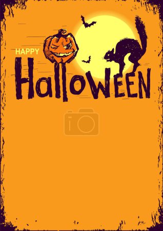 Téléchargez les photos : Fond vectoriel Halloween pour le texte. Silhouette de chat noir et citrouille sur fond d'illustration nuit lune Halloween pour texte. - en image libre de droit