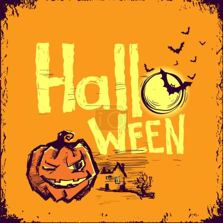 Téléchargez les photos : Joyeux Halloween carte avec citrouille et lune de nuit. Illustration vectorielle Halloween avec texte de vacances - en image libre de droit