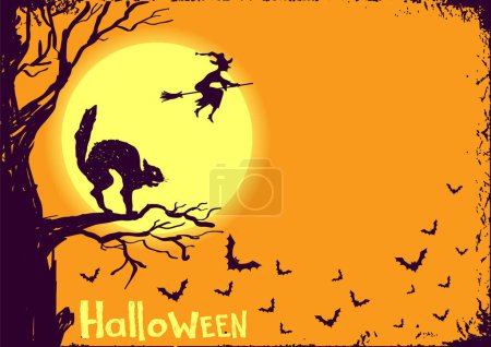 Téléchargez les illustrations : Fond vectoriel Halloween. Silhouette de chat noir et sorcière volante sur fond d'illustration nuit lune Halloween pour texte. - en licence libre de droit