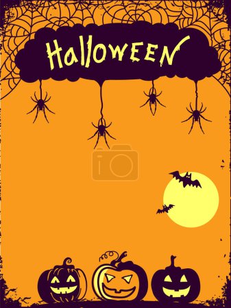 Téléchargez les photos : Joyeux fond d'affiche Halloween avec des araignées web et des citrouilles. Illustration Vectort Halloween pour texte ou design - en image libre de droit
