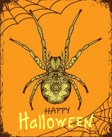 Illustration for Happy Halloween spider web vector card background. Haalloween symbol for holiday party. Big spider with abstract decoration. - Royalty Free Image